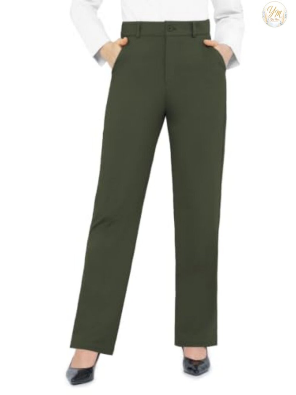 Women's Straight Leg Dress Pants High Rise Elastic Waist Business Slacks